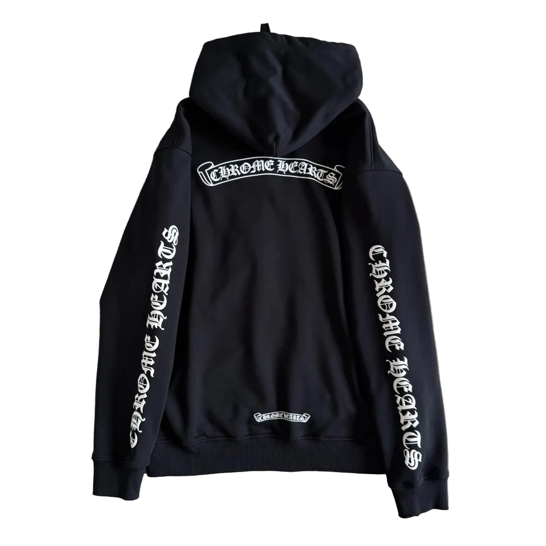 Chrome Hearts Scroll Logo Zip-Up Hoodie in black.