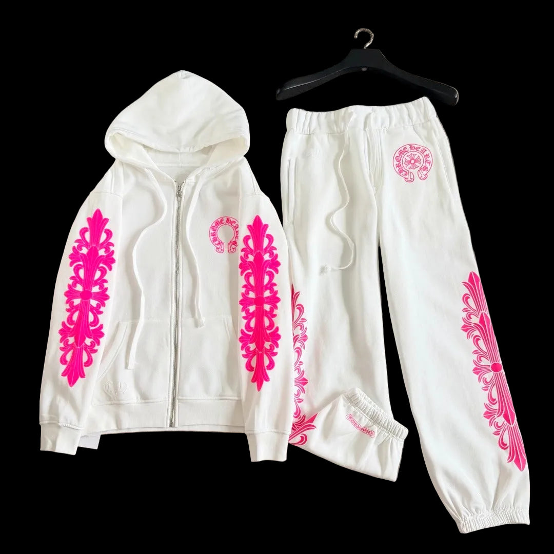 Chrome Hearts Pink Horseshoe Floral Tracksuit set in White/Neon Pink.