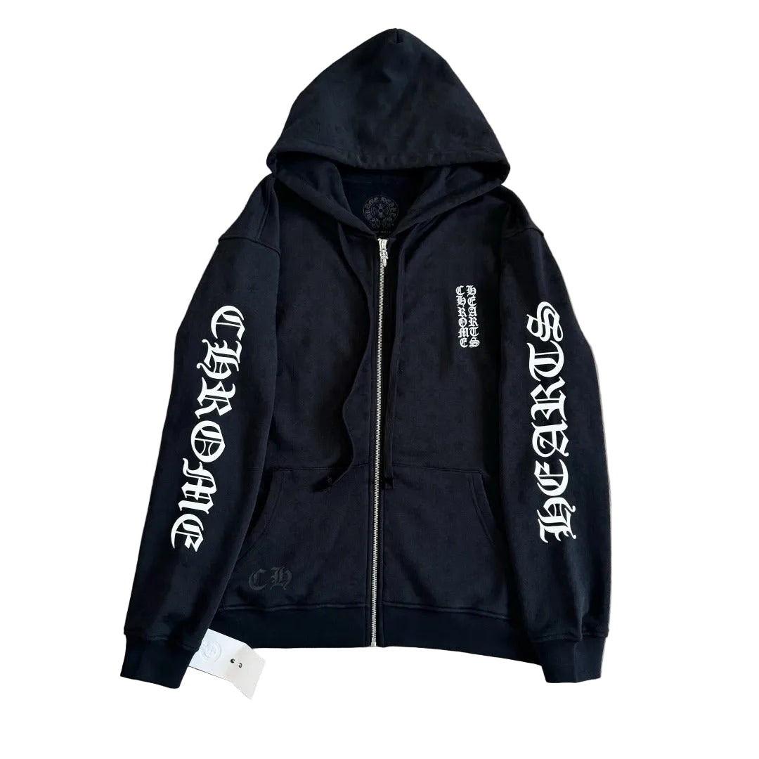 Chrome Hearts All-Over Monogram Monolith Zip-Up Hoodie in black with white text graphics.
