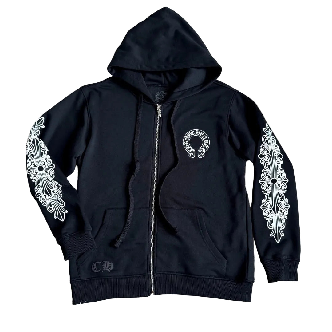 Chrome Hearts Horseshoe Floral Cross-Sleeve Zip Up Hoodie in black and white.