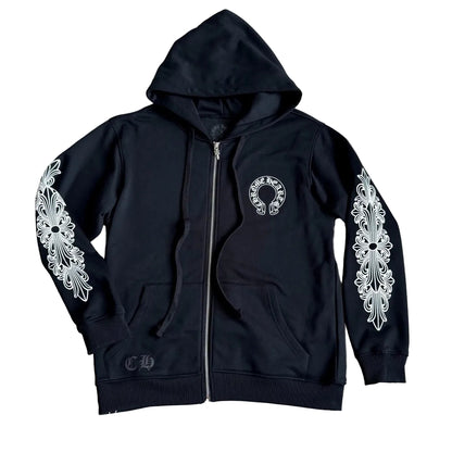Chrome Hearts Horseshoe Floral Cross-Sleeve Zip Up Hoodie in black and white.