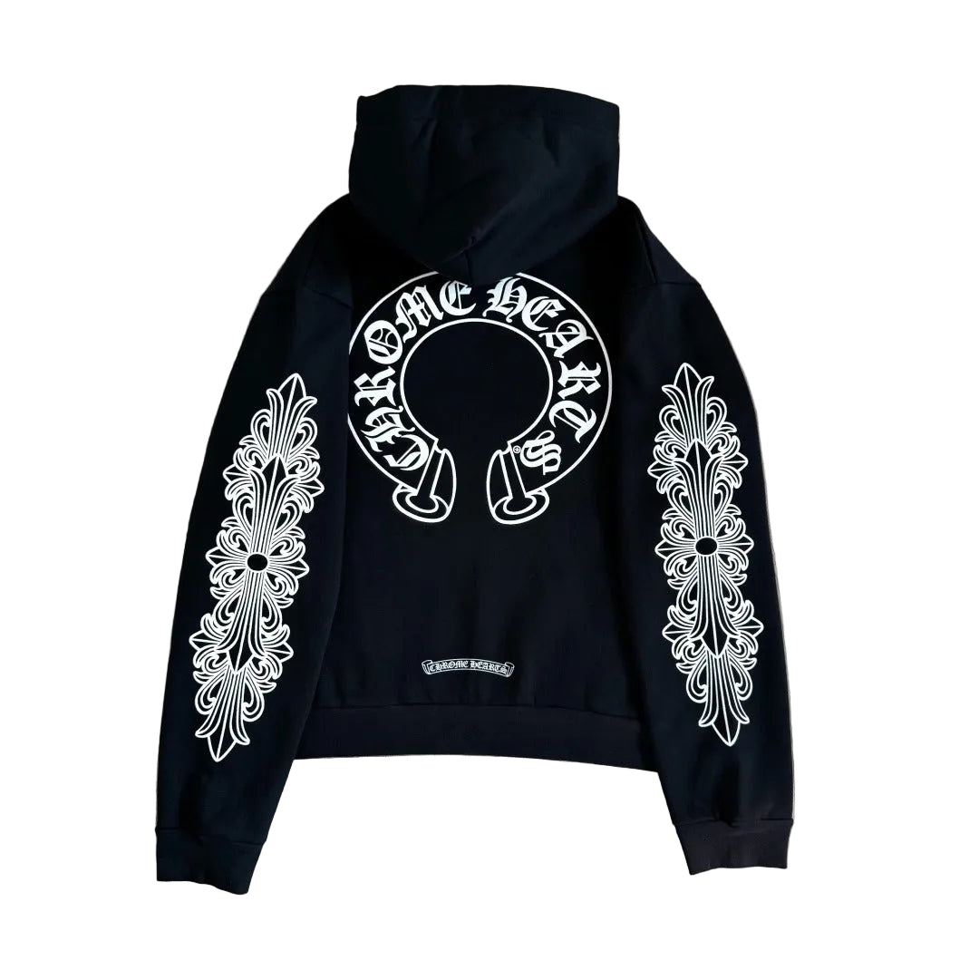Chrome Hearts Horseshoe Floral Cross-Sleeve Hoodie.