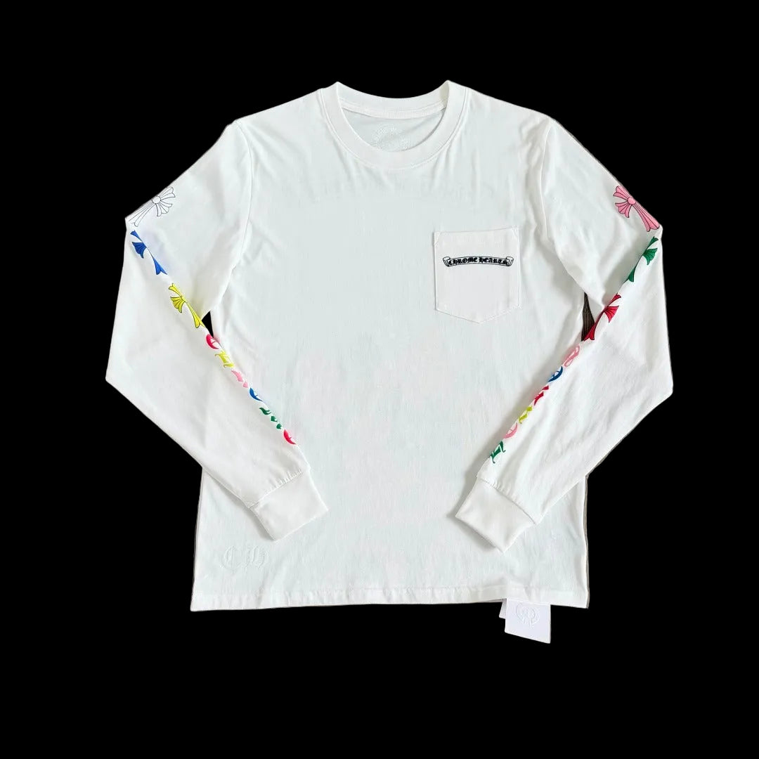 Chrome Hearts Multicolor Multi-Cross &amp; Script Long-Sleeve Pocket T-Shirt in White