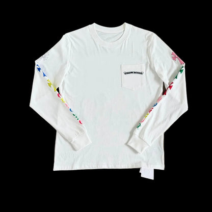 Chrome Hearts Multicolor Multi-Cross &amp; Script Long-Sleeve Pocket T-Shirt in White