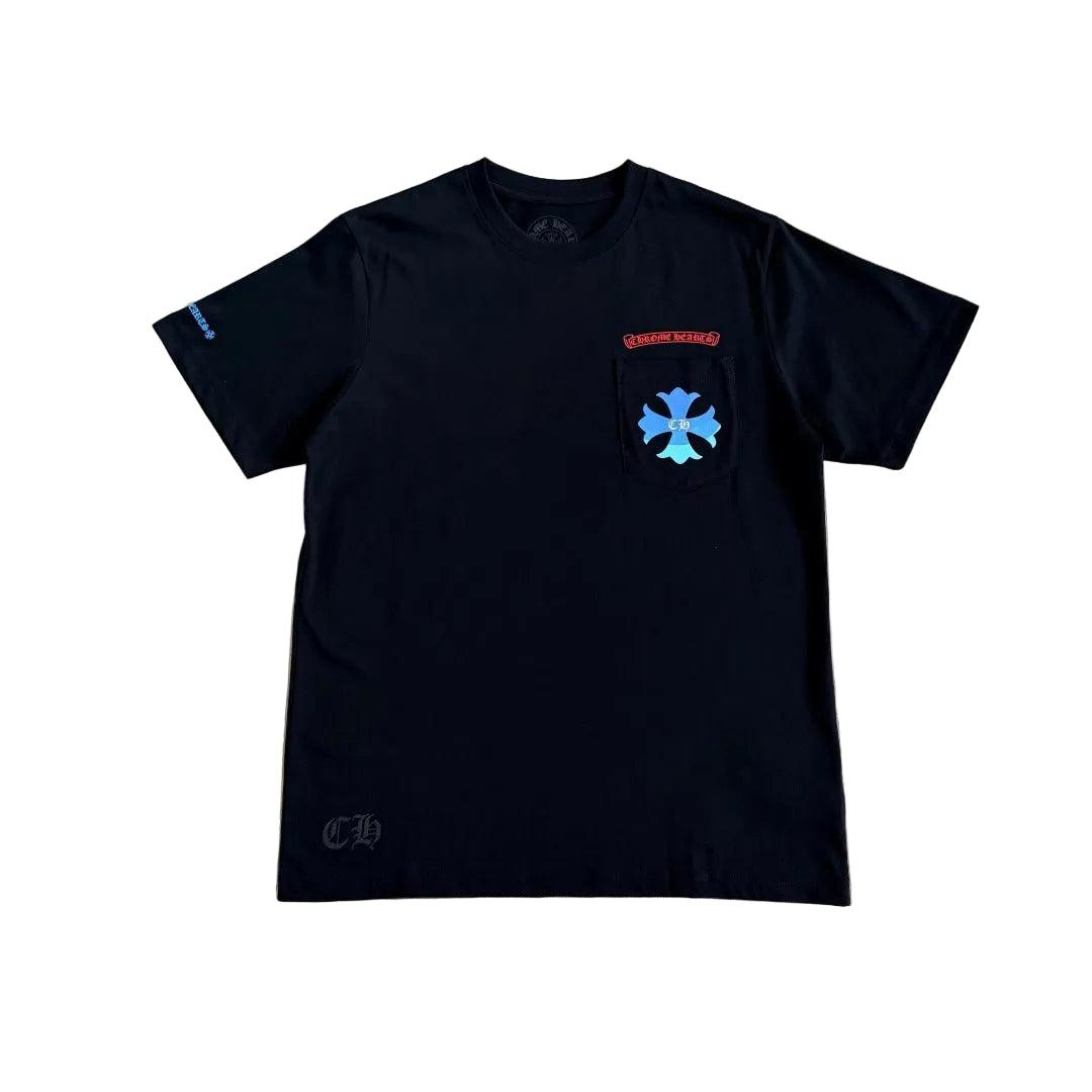 Chrome Hearts Gradient Cross Scroll Pocket T-Shirt in Black/Blue/Orange.
