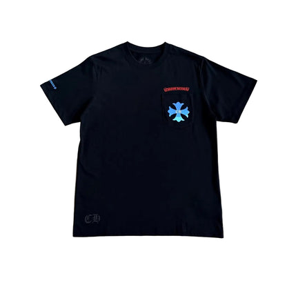 Chrome Hearts Gradient Cross Scroll Pocket T-Shirt in Black/Blue/Orange.