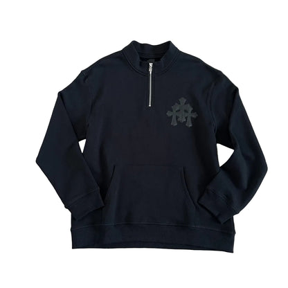 Chrome Hearts "Paper Jam" Cemetery Triple Cross Leather Patch Quarter-Zip Pullover in black.