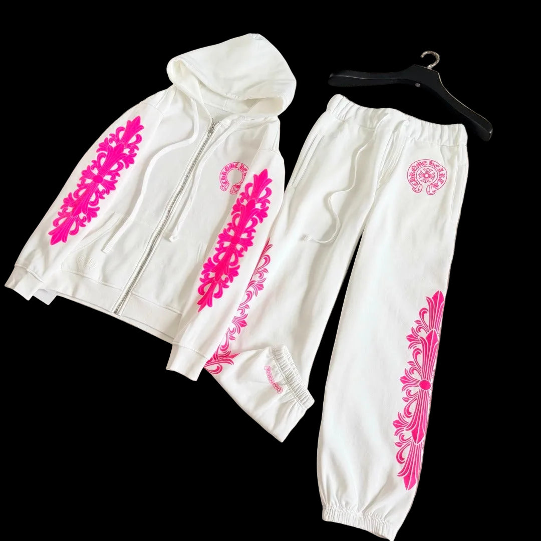 Chrome Hearts Pink Horseshoe Floral Tracksuit set in White/Neon Pink.