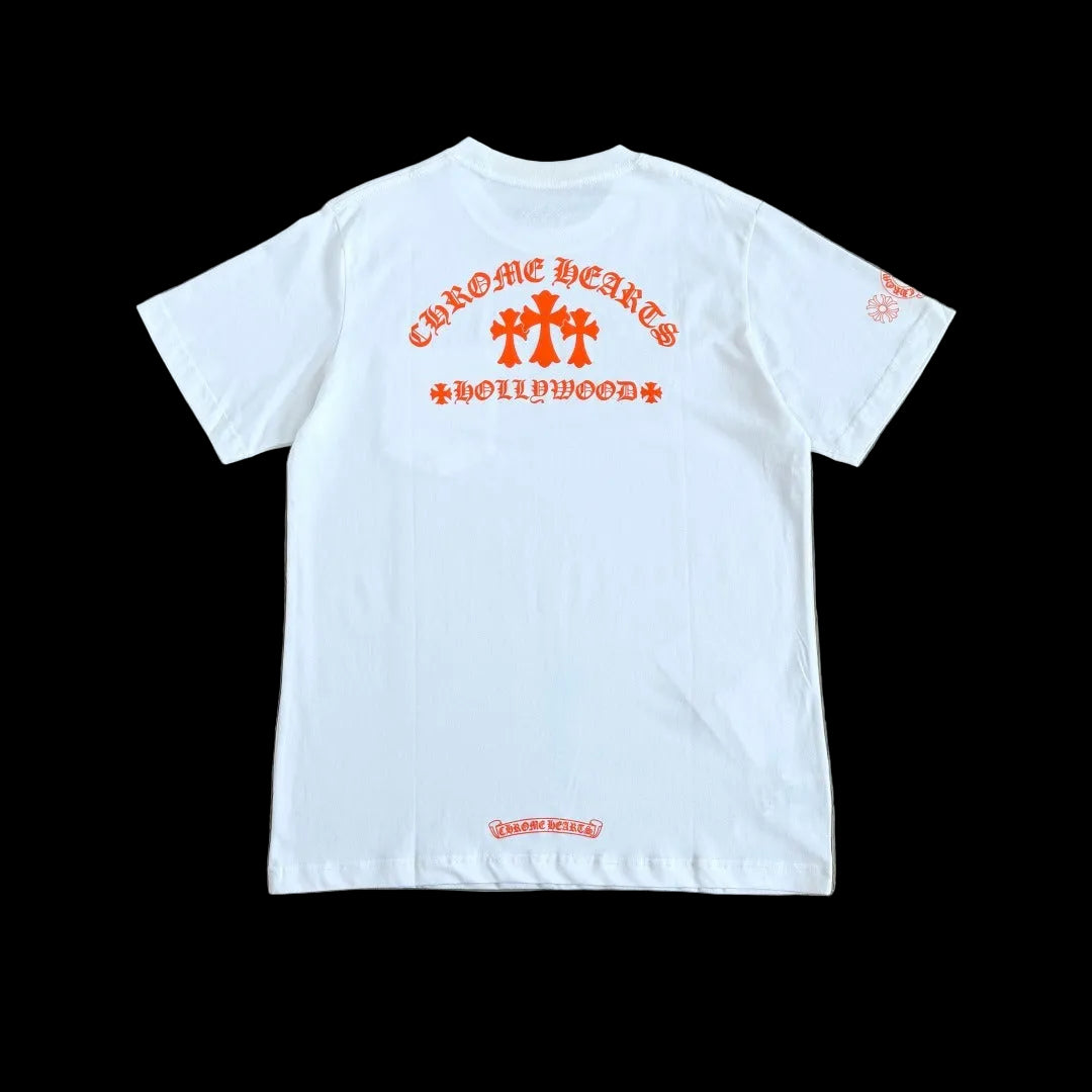 Chrome Hearts "Hollywood" Triple Cross Pocket T-Shirt in White/Orange.