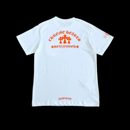 Chrome Hearts "Hollywood" Triple Cross Pocket T-Shirt in White/Orange.
