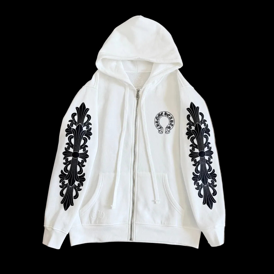 Chrome Hearts White Horseshoe Floral Cross-Sleeve Zip-Up Hoodie.