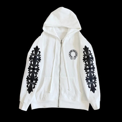Chrome Hearts White Horseshoe Floral Cross-Sleeve Zip-Up Hoodie.