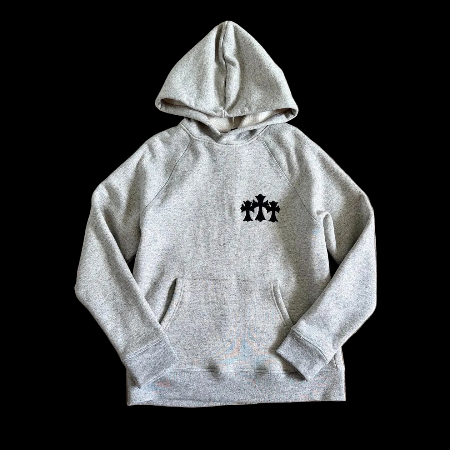 Chrome Hearts Triple Cemetery Cross Patch Pullover Hoodie in heather grey.
