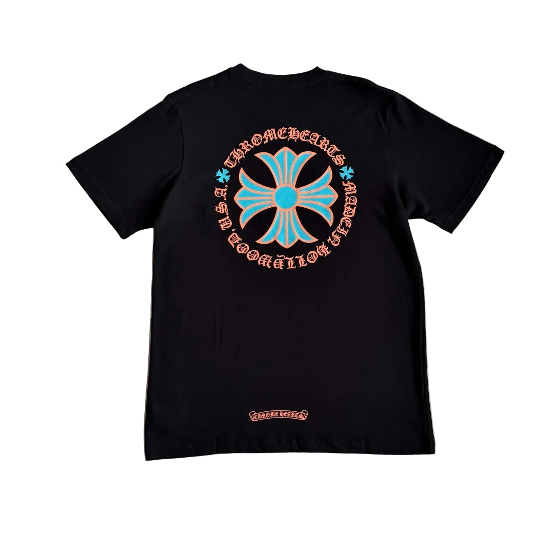 Chrome Hearts "Made In Hollywood" Plus Cross Pocket T-Shirt in Black/Orange.