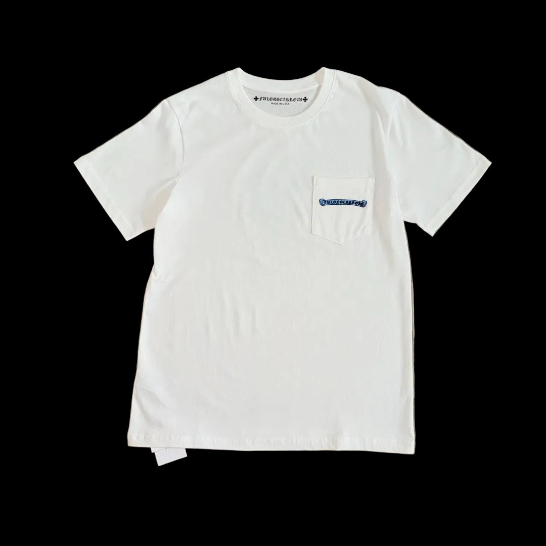 Chrome Hearts x Fulllegscarrow "Blue Scroll" Pocket T-Shirt in white.