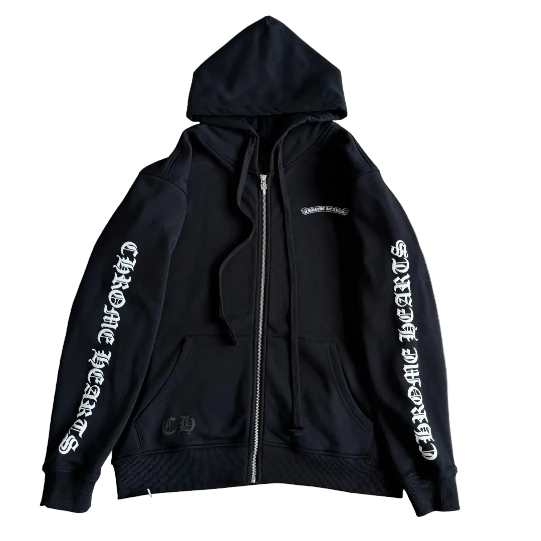Chrome Hearts Scroll Logo Zip-Up Hoodie in black.