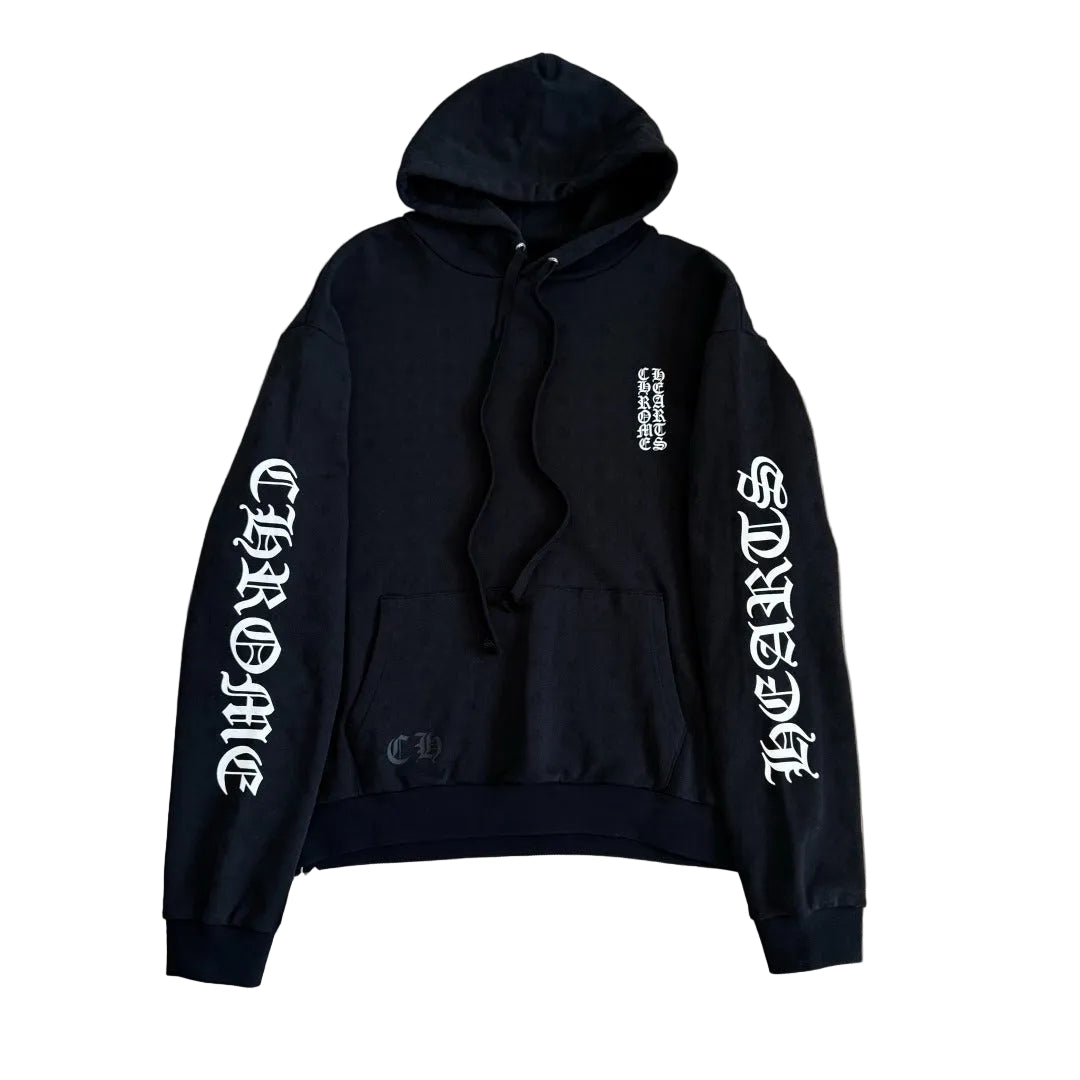 Chrome Hearts All-Over Monogram Pullover Hoodie in black with white text graphics.