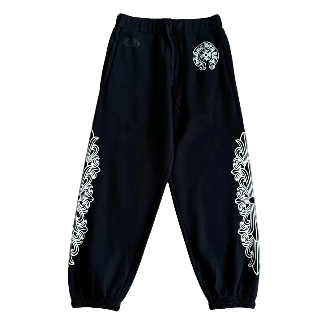 Chrome Hearts Horseshoe Floral Sweatpants in black and white.