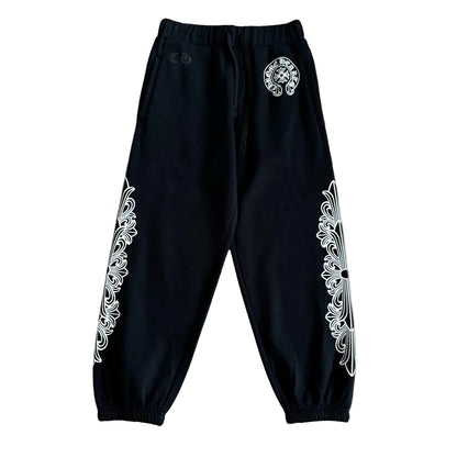 Chrome Hearts Horseshoe Floral Sweatpants in black and white.