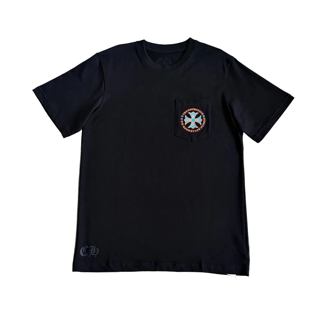 Chrome Hearts "Made In Hollywood" Plus Cross Pocket T-Shirt in Black/Orange.