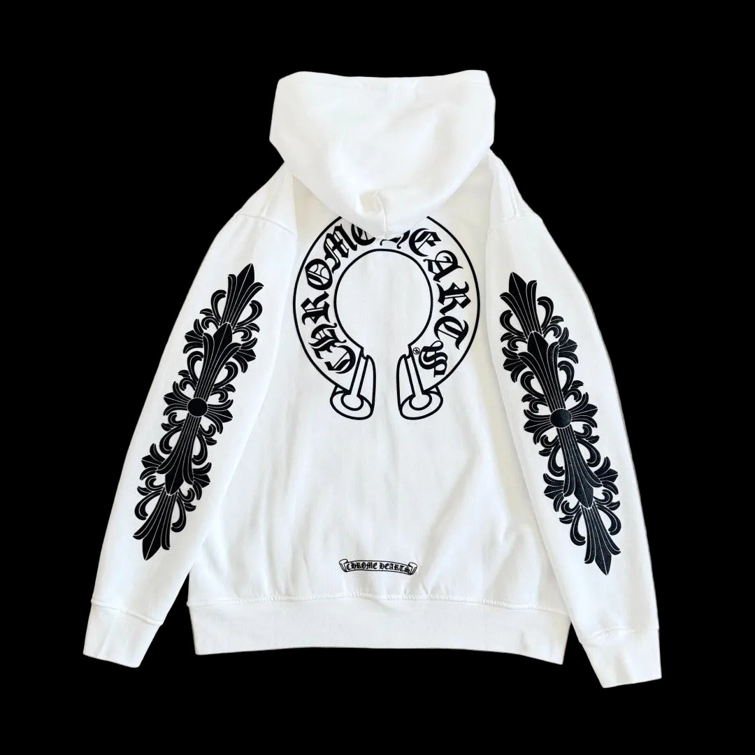 Chrome Hearts White Horseshoe Floral Cross-Sleeve Zip-Up Hoodie.