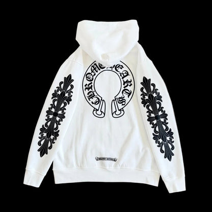 Chrome Hearts White Horseshoe Floral Cross-Sleeve Zip-Up Hoodie.