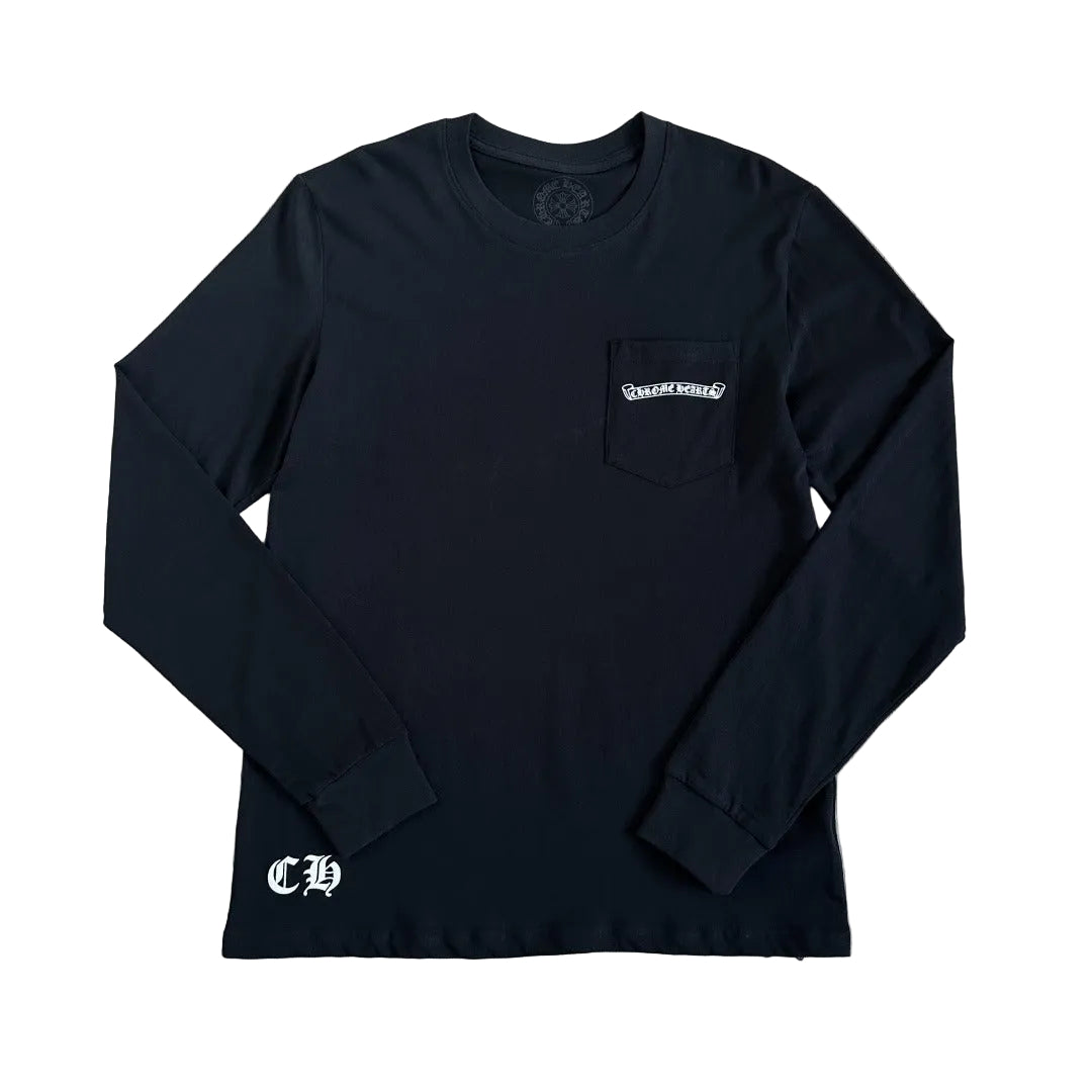Chrome Hearts Scroll Logo Pocket Long-Sleeve T-Shirt in Black/White.