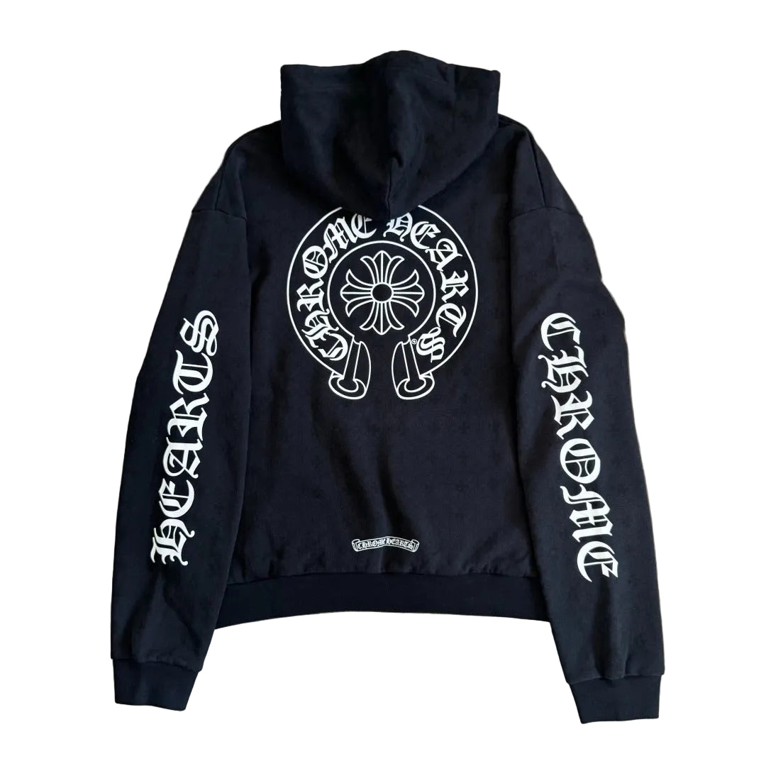 Chrome Hearts All-Over Monogram Pullover Hoodie in black with white text graphics.