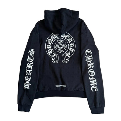 Chrome Hearts All-Over Monogram Pullover Hoodie in black with white text graphics.