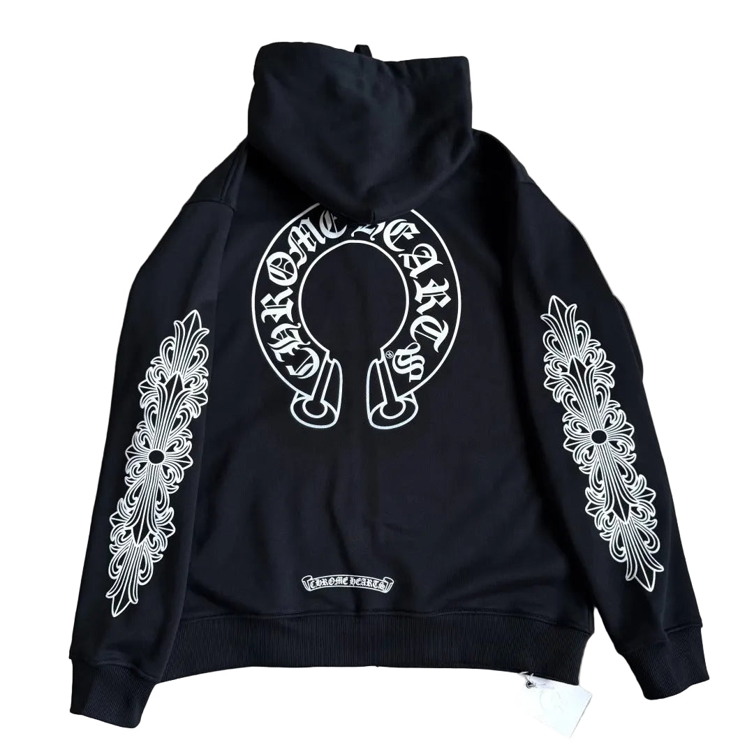 Chrome Hearts Horseshoe Floral Cross-Sleeve Zip Up Hoodie in black and white.