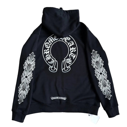 Chrome Hearts Horseshoe Floral Cross-Sleeve Zip Up Hoodie in black and white.