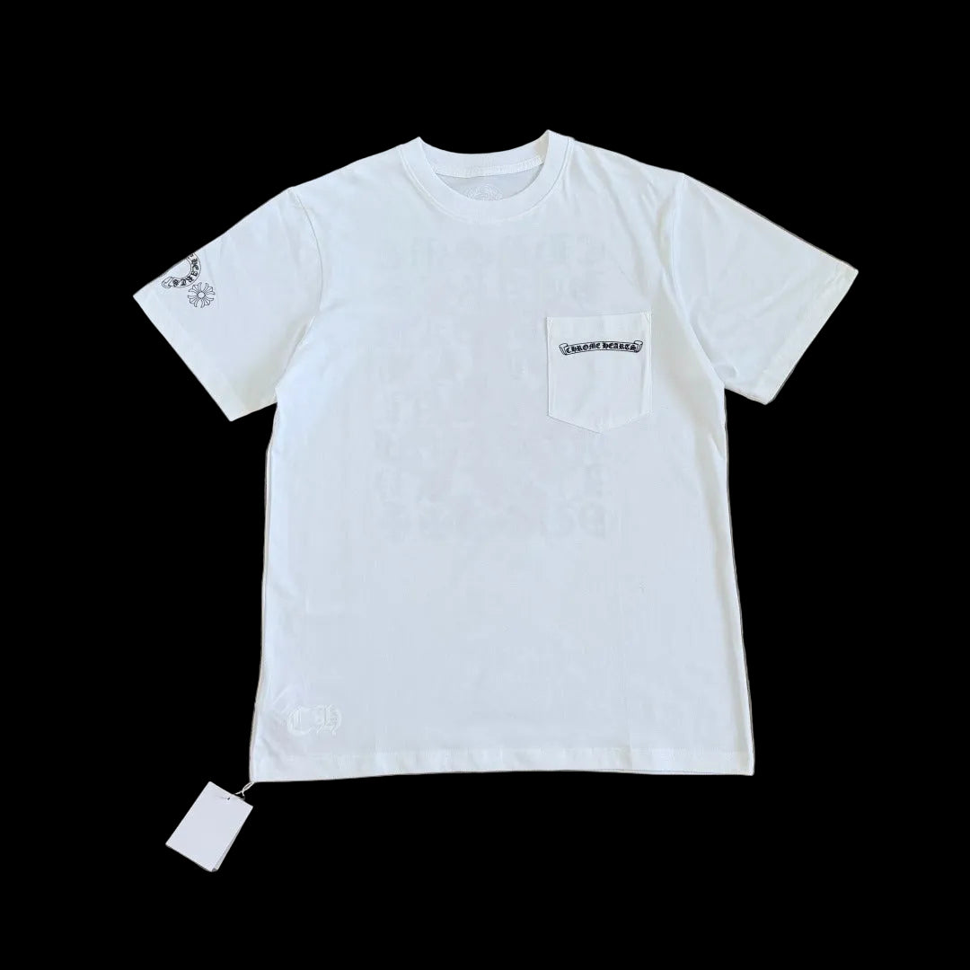Chrome Hearts Scroll Logo Pocket T-Shirt in Black/White.
