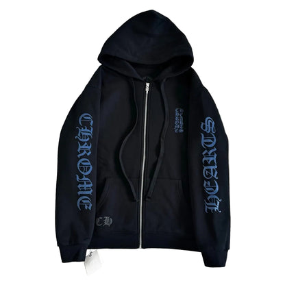 Chrome Hearts Tonal Block Logo Zip-Up Hoodie in black with blue/grey text accents.