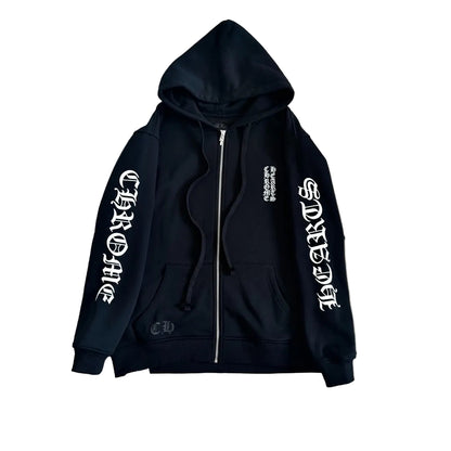 Chrome Hearts Split Block Logo Zip-Up Hoodie in black with white text graphics