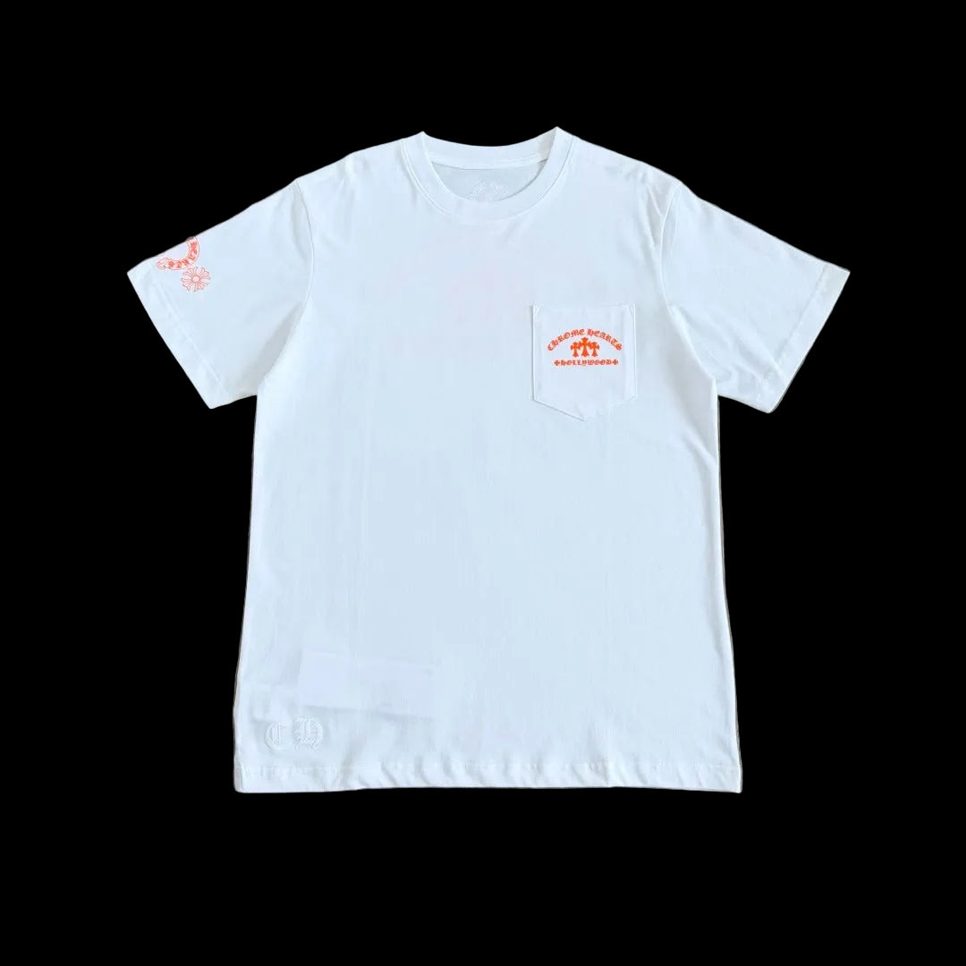 Chrome Hearts "Hollywood" Triple Cross Pocket T-Shirt in White/Orange.