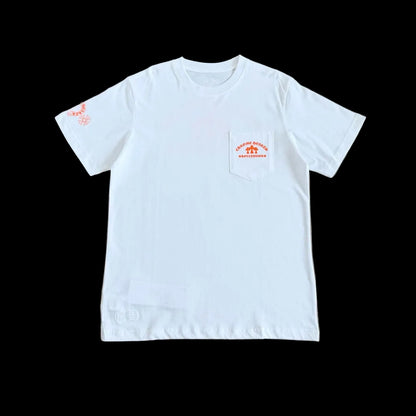 Chrome Hearts "Hollywood" Triple Cross Pocket T-Shirt in White/Orange.