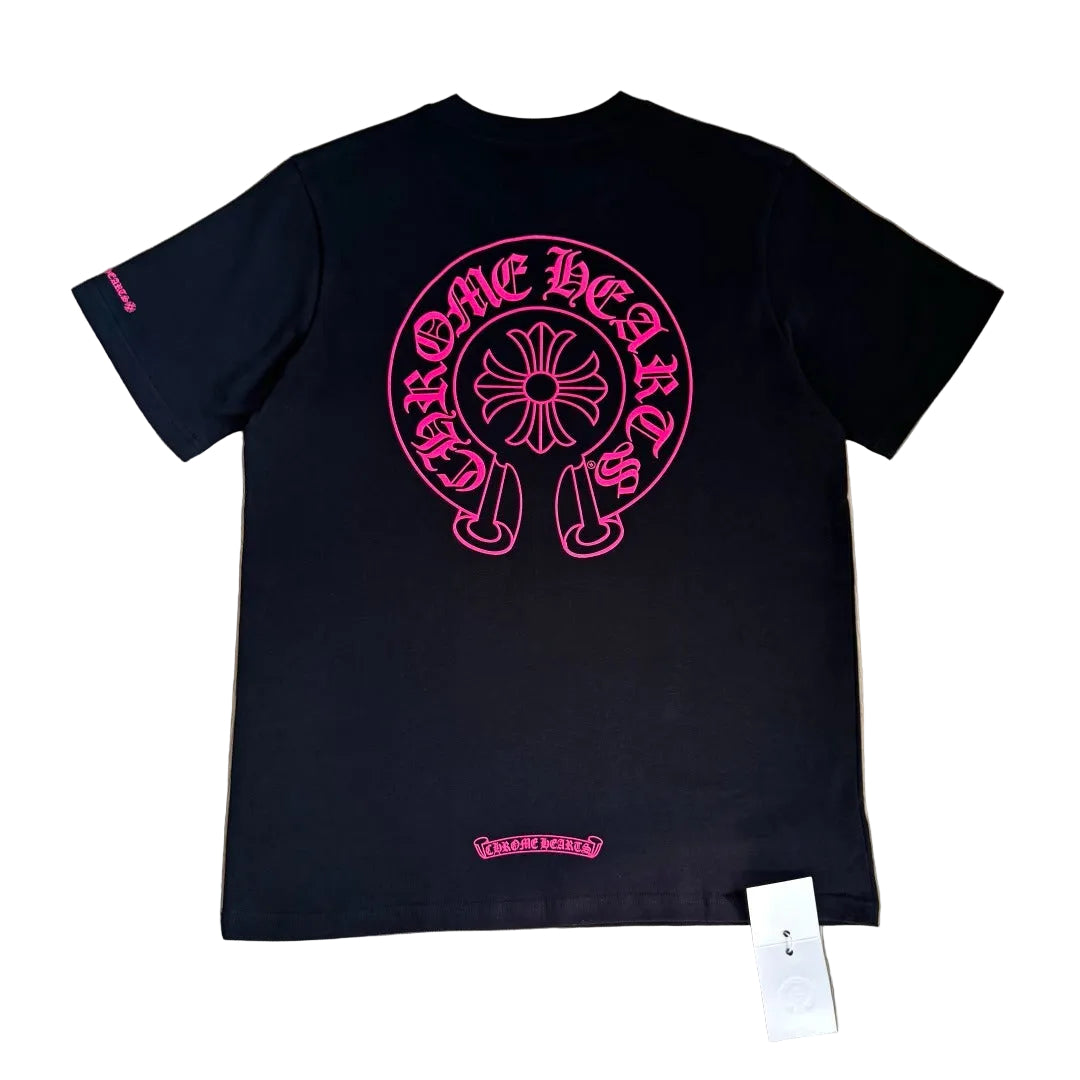 Chrome Hearts Neon Pink Horseshoe Pocket T-Shirt in Black/Neon Pink.