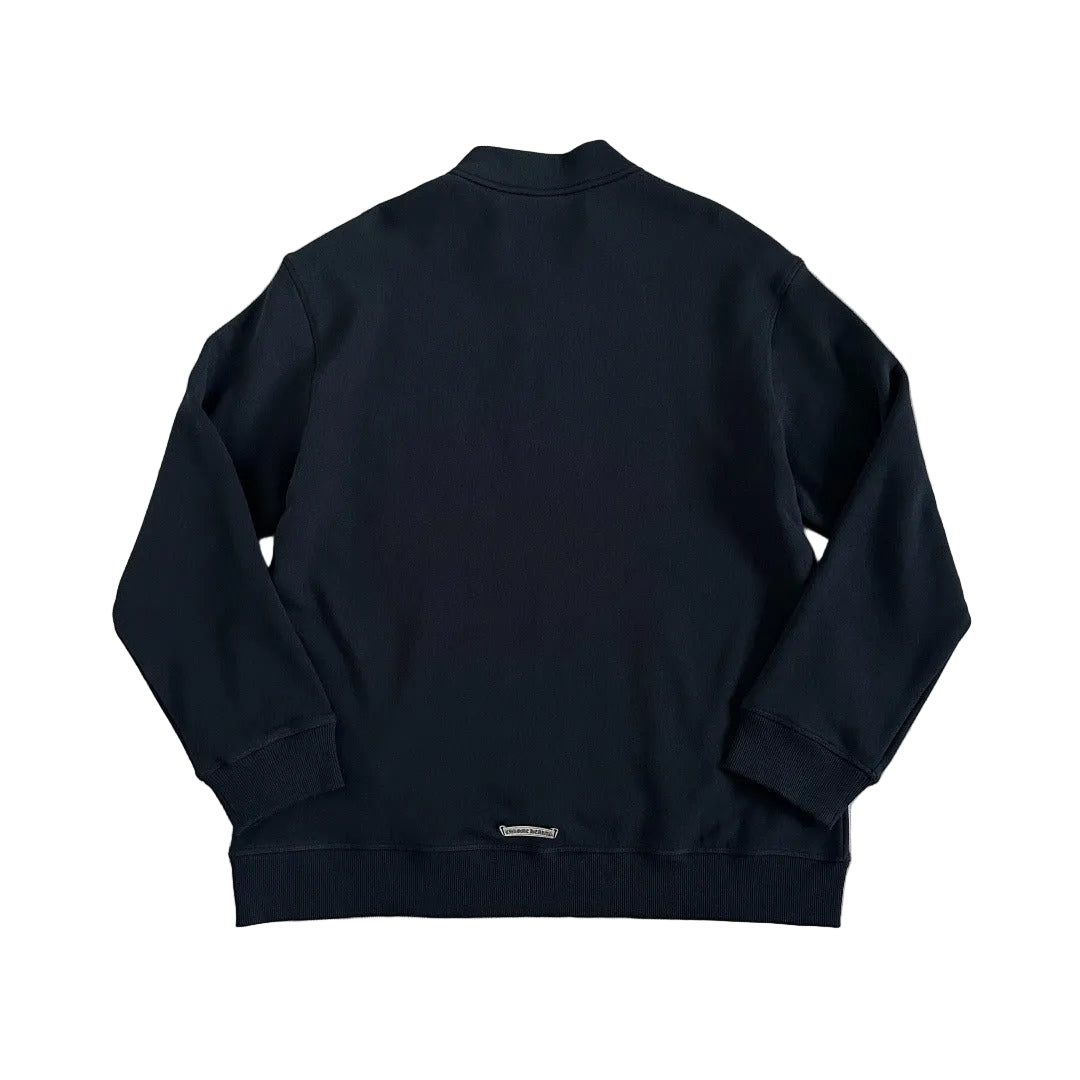 Chrome Hearts "Paper Jam" Cemetery Triple Cross Leather Patch Quarter-Zip Pullover in black.