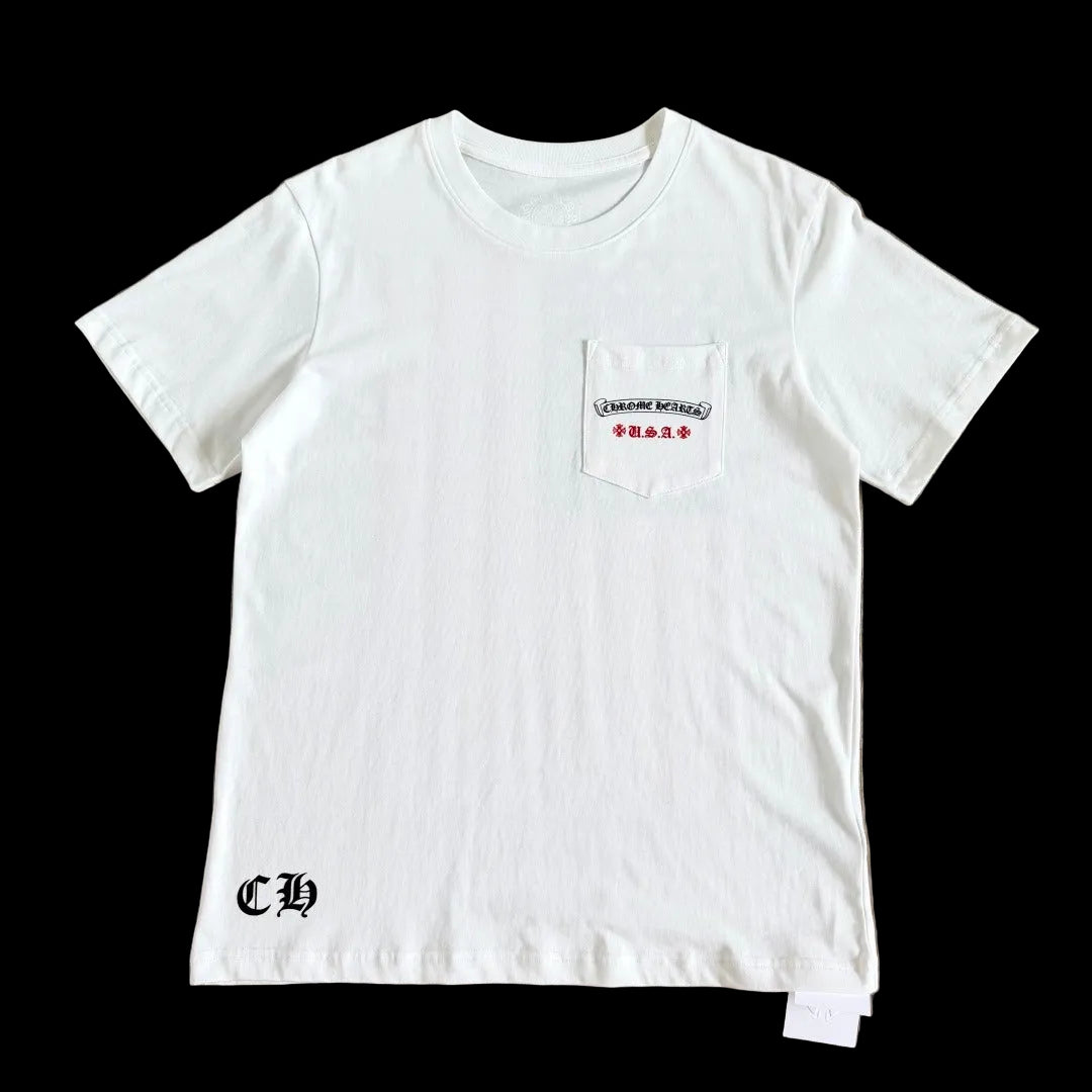Chrome Hearts USA Flag Scroll Pocket T-Shirt in white.