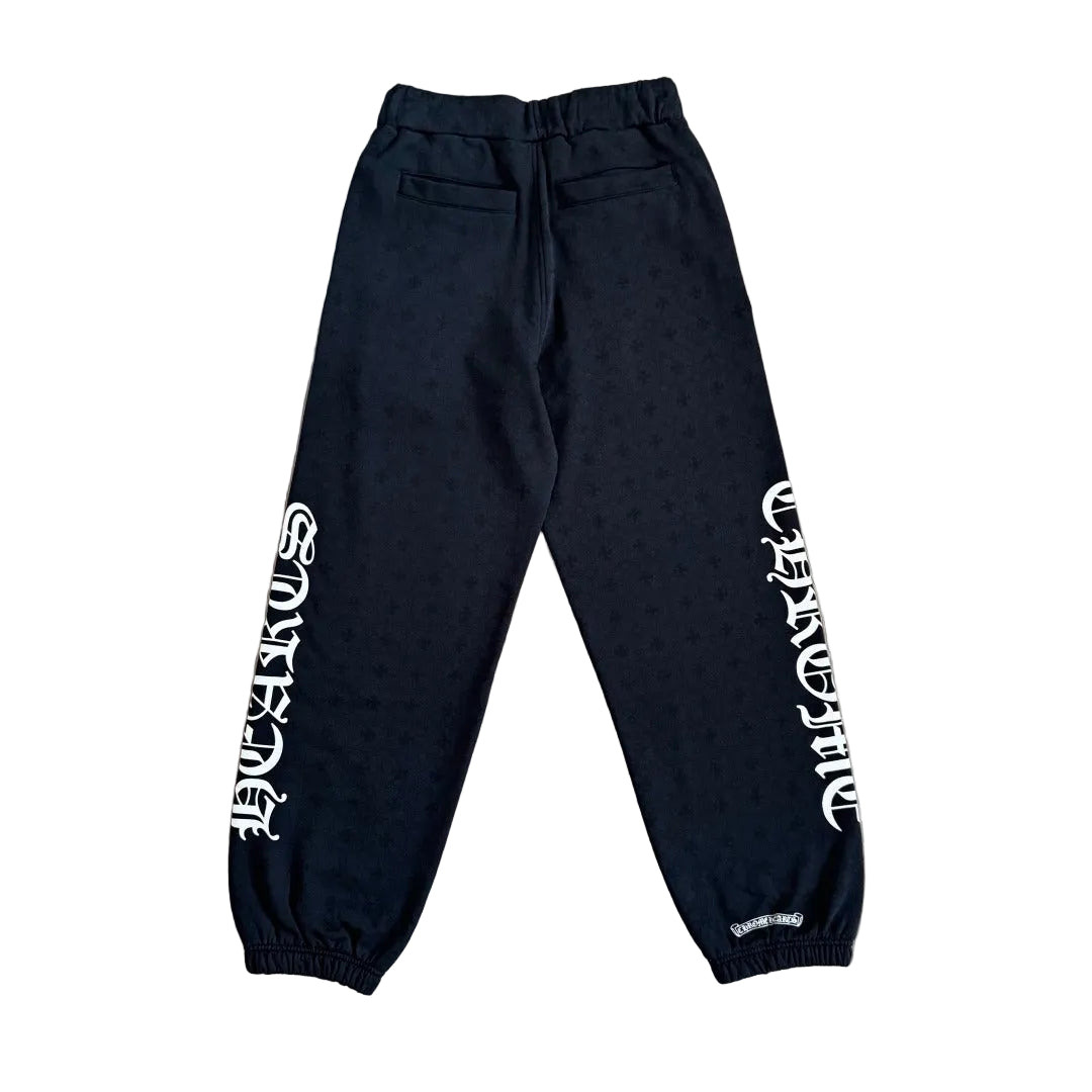 Chrome Hearts Split Block Logo Sweatpants in black with White graphics.